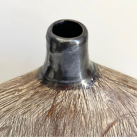 Decorative Ceramic Flat Round Brown Carved Vase - Picture 5 of 6